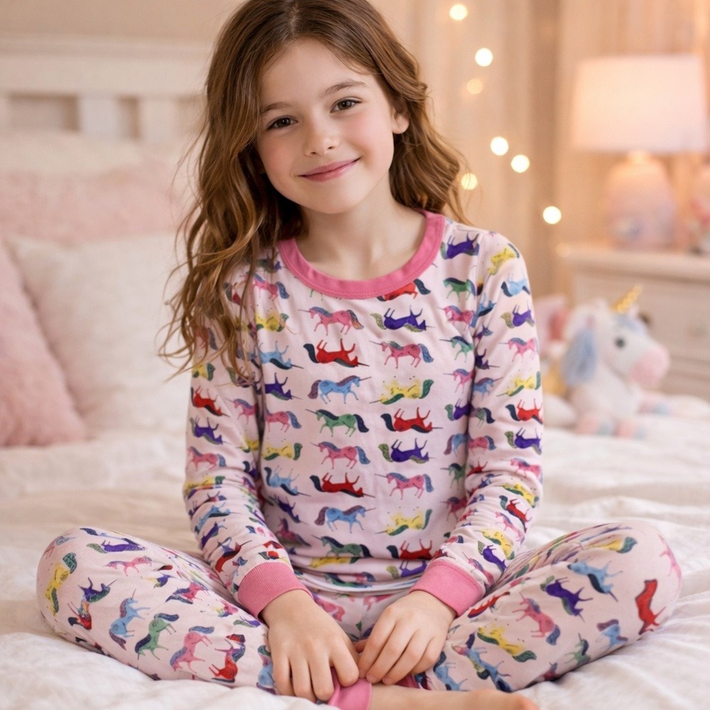 Hanna Andersson Unicorn‎ Long John Pajama Set Kids Size 10 Pink Organic Cotton